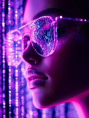 Poster - Close portrait of a woman wearing glasses displaying digital data, depicting the futuristic blend of vision and technology.