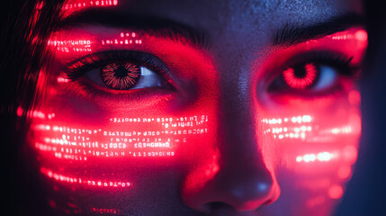 Poster - Close view of an eye with neon red data streams reflecting in it, symbolizing the intersection of technology and human perception.