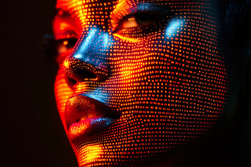 Poster - A close-up of a face illuminated by red and blue digital patterns, showcasing modern and futuristic elements in technology.
