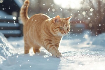 Wall Mural - Beautiful ginger cat walking in the snow