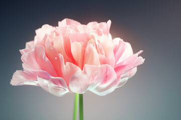 Poster - A stunning bloom stands gracefully, adorned with dewdrops that glisten softly against a blurred gradient backdrop. Its petals radiate delicate shades of pink and white, creating a calming ambiance