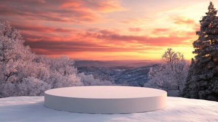 Poster - a podium with a winter christmas product on a background of snowflakes, drifts, a landscape backgrou