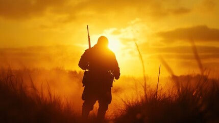 soldier's silhouette, muscles tense and face determined,