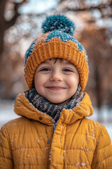 Wall Mural - Cute child boy dressed in winter clothes on blurred park background