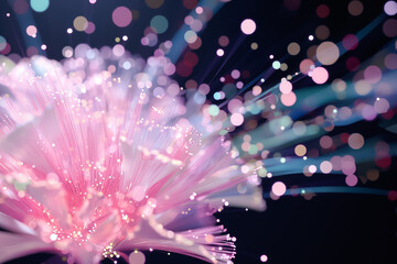 Poster - Vivid hues burst forth in an elegant representation of a flower, with soft petals and luminous orbs creating a magical ambiance against an inky backdrop