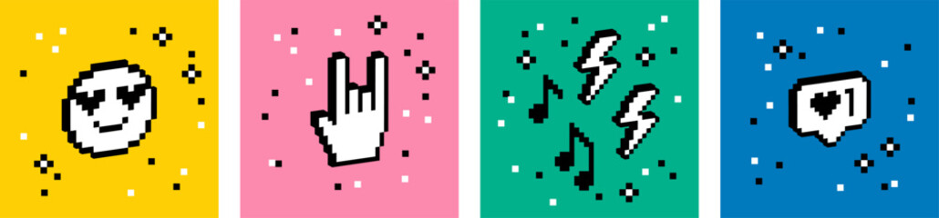 Fototapete - Festival vector design elements in pixel art. Trendy Y2k retro sticker set. 3d playful shapes. Smiling face, heart. Rock hand icon. Fans, music concept. Mood of 90's aesthetics. Bold and groovy