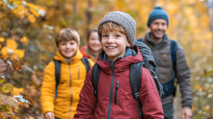 Happy family hiking through forest in autumn