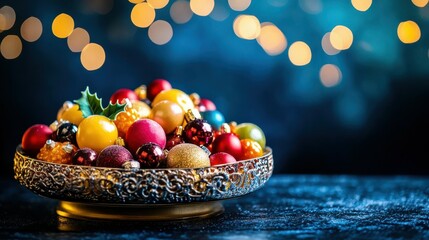 Marzipan fruits in a decorative tray, sitting on a wooden table with a deep royal blue backdrop and soft holiday bokeh, copy space, Merry Christmas background, festive candy display, holiday marzipan