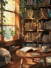 Fototapete - Sunlight streams through the window, illuminating a comfortable space with books, a coffee cup, and a perfect reading atmosphere. Generative AI