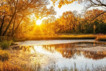 Wall Mural - Amber orange sunset background with sparkly dust particles.