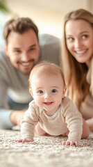 Wall Mural - Adorable baby crawling on carpet with parents smiling in background