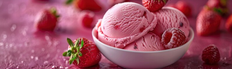 A bowl of ice cream with strawberries on the table, food background, banner, copy space