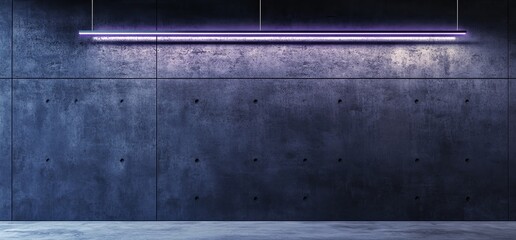 Poster - 3D render of sci-fi futuristic futuristic neon led studio big panel lights blue violet glowing lights on dark gray empty grunge concrete room background stage.