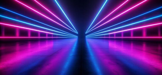 Poster - 3D Rendering of Dark Neon Sci Fi Futuristic Retro Purple Blue Glowing Ceiling Lights over Concrete Grunge Garage Stage Tunnel Room Hall