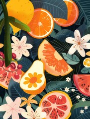 Poster - A bright assortment of fruits and flowers creates a lively display, capturing the essence of nature’s beauty and freshness. Generative AI