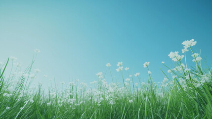 A wide shot of the sky, with a clear blue background and a green grass field in front. The grass is tall, with some white flowers blooming on it. There's no wind, so the long blades of grass should 