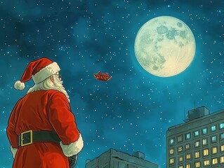 Showcase Santa flying off into the Christmas night sky