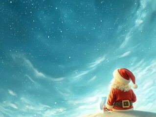 Showcase Santa flying off into the Christmas night sky