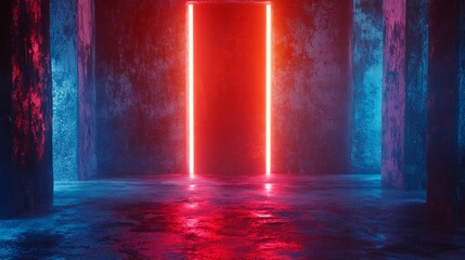 Poster - The retro sci-fi style of the background is abstract neon in 3D, and has a geometrical structure with polygonal shapes. In virtual reality, it is a podium show products, a place for products, and