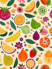 Canvas Print - A vibrant collection of fruits and flowers displayed on a light backdrop highlights the lush colors and shapes found in nature. Generative AI