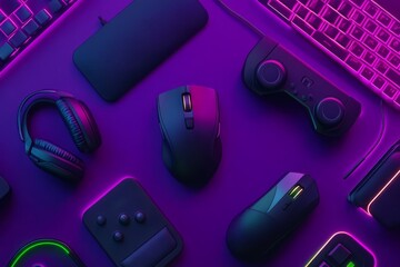 The purple lit keyboard stands out among various modern gaming devices in the top view