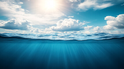 Wall Mural - blue sea or ocean water surface and underwater with sunny and cloudy sky: a split view featuring the