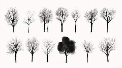 trendy set of black silhouettes of trees on a white background, made with ink, rough brushstrokes. g