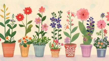 Poster - Colorful flowers in various decorative pots are arranged in a delightful display, celebrating nature's beauty in a bright setting. Generative AI