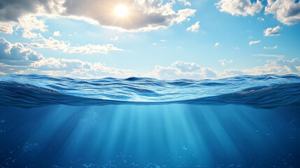 blue sea or ocean water surface and underwater with sunny and cloudy sky: a split view featuring the