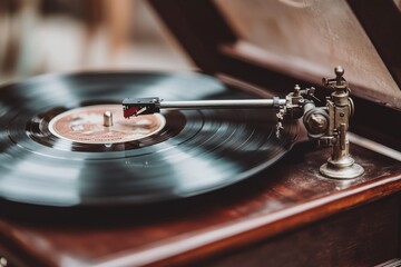 Close-up of a turntable stylus meticulously traversing a spinning vinyl record, highlighting the intricate details and culture of vinyl music.