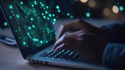 Poster - Hands typing on laptop with cybersecurity holograms on background 