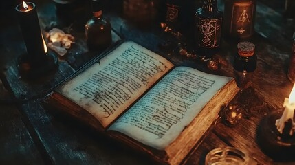 Mystical Witch s Spellbook on Antique Wooden Table with Glowing Runes and Potion Bottles