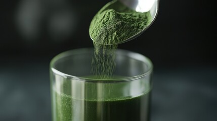 A person is pouring green powder into a glass. The powder is green and he is a type of green food