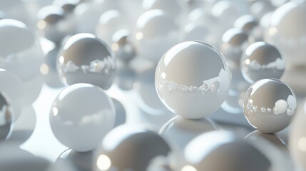 Poster - A collection of reflective spheres arranged in a pattern on a smooth surface, showcasing a modern, artistic design in bright lighting