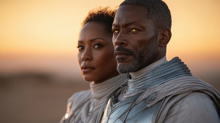 In a majestic desert, a couple stares boldly with glowing eyes, clad in futuristic attire, portraying confidence and an intriguing blend of reality and fantasy at dusk.