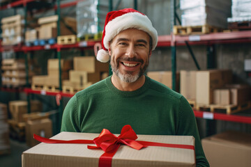 Christmas delivery. Middle aged male worker in retail warehouse wearing Santa Claus hat. Small business owner packing parcels for delivery on New Year's Eve