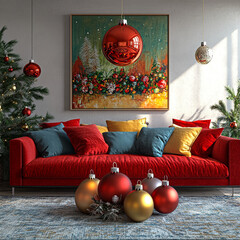 A cozy family room adorned with oversized Christmas ornaments and vibrant painting, creating festive atmosphere. red sofa, colorful cushions, and decorated trees enhance holiday spirit