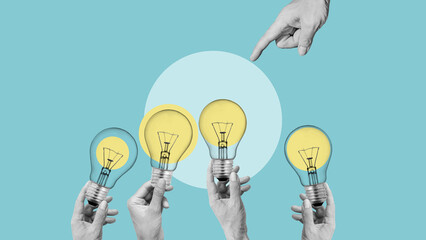 Poster - Brainstorming Ideas to work Business Meeting Brainstorm. A group of hands extends upward, grasping light bulbs symbolizing ideas, innovation and creativity