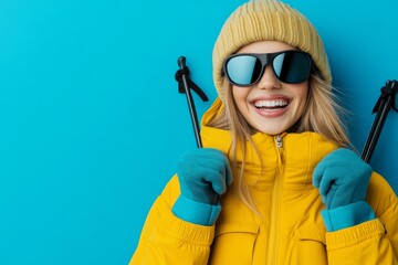 Stunning full body skier wearing purple padded windbreaker jacket and ski goggles mask spend extreme weekend in mountains isolated on plain blue background.