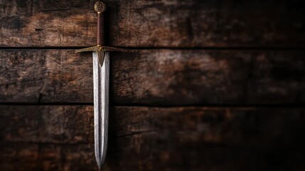 An intricately designed antique sword is displayed against a dark rustic wooden background, emphasizing its craftsmanship and the historical tale it holds.