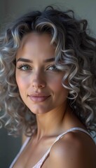 A striking close-up reveals luscious gray ash curls, glistening with shine. The soft waves cascade elegantly, highlighting the hair's texture and beauty in gentle natural light. Generative AI