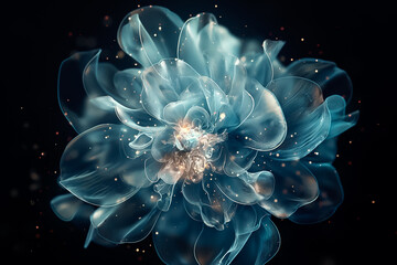 Canvas Print - Delicate blue petals elegantly unfurl, creating a stunning visual dance in the void. Their translucent beauty shimmers with subtle light, captivating the senses