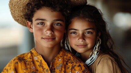 A close-up of two children with glowing faces, clad in bright and patterned traditional clothing, enveloped in close proximity with an evident familial connection.