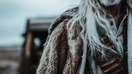 An aged man with striking white hair stands in rugged attire, embodying the spirit of resilience in a rustic outdoor setting, suggesting endurance and history.