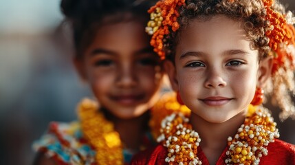 A close look at two smiling children in vibrant traditional wear adorned with flowers, demonstrating diversity and cultural beauty on a sunny day.