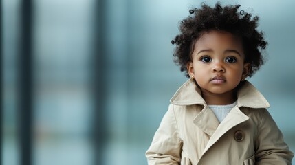 A delightful image of a little girl in a beige coat, standing with an innocent expression, representing purity and curiosity within a gently lit setting.