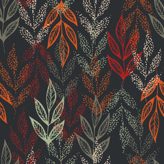 Wall Mural - Autumn leaves seamless pattern. Leaf silhouettes with doodle, grunge, scribble textures. Vector illustration