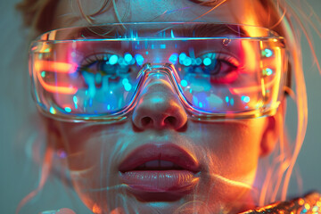 Poster - Fashion model person wearing futuristic shiny glamorous VR goggles watching cyberpunk video, Generative AI