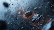 © Maximages  - A visually striking moment capturing flying rocks amidst a fiery explosion, suggesting power and chaos in an abstract manner with high detail and intensity.