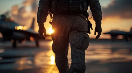 A military personnel is depicted walking towards a parked aircraft on the runway at sunset, embodying a sense of duty and commitment under the evening sky.